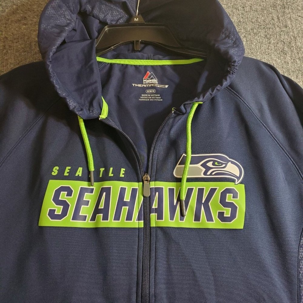 NFL Seattle Seahawks Majestic Zip Up Thermabase Size M Blue Logo Hooded Jacket - Picture 2 of 10